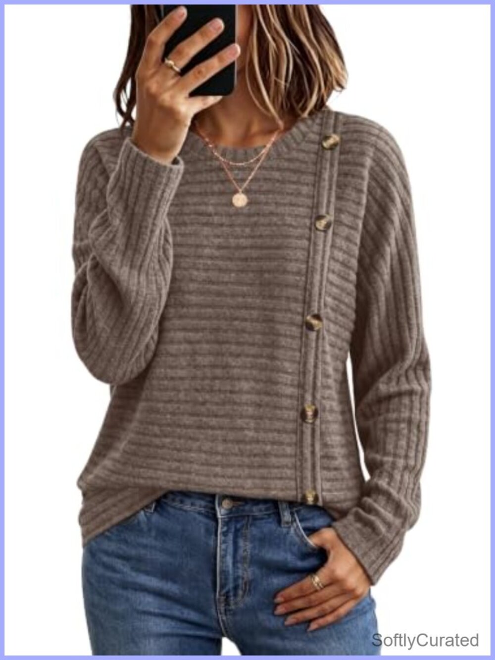 Womens Long Sleeve Tunic Top Textured Button Crew Neck Sweater